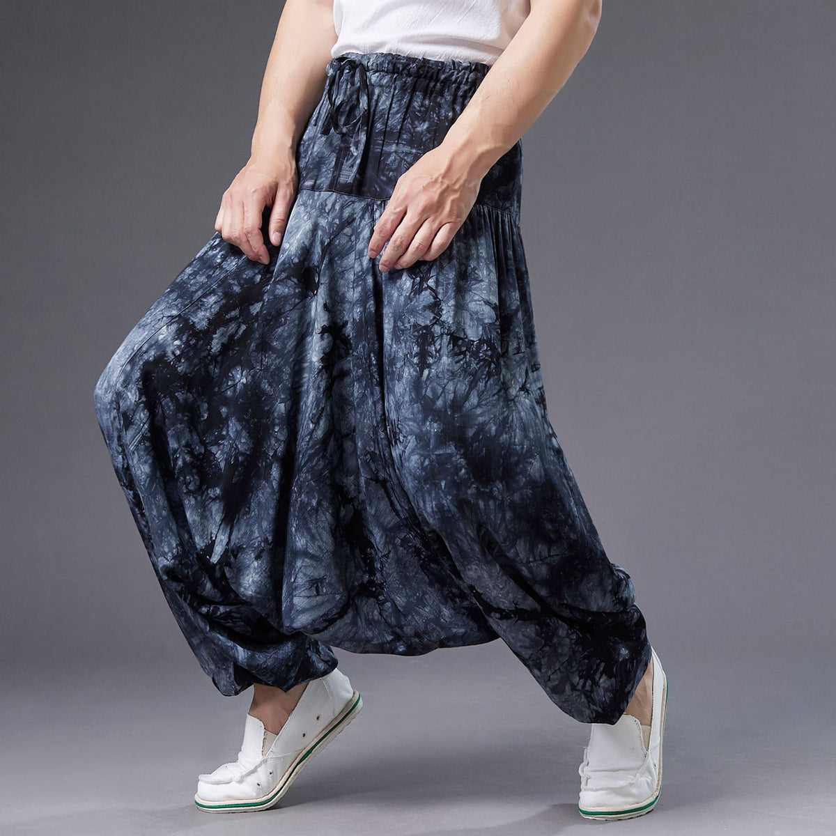 Men Retro Style Linen and Cotton Loose Dyed Color Drawstring Pants
