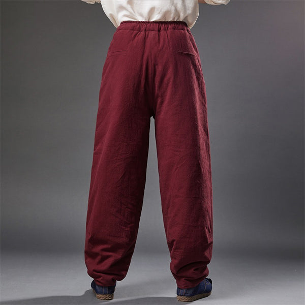 2021 Autumn NEW! Men Retro Style Linen and Cotton Loose Quilted Drawstring Pants