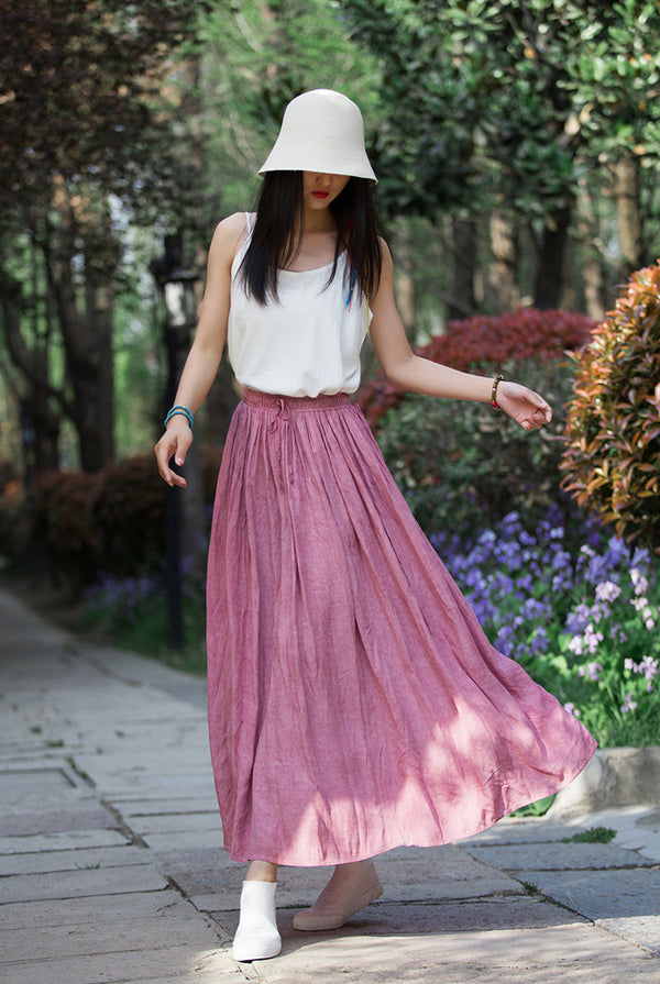 Women Simple Linen and Cotton Loose Accordion Skirt