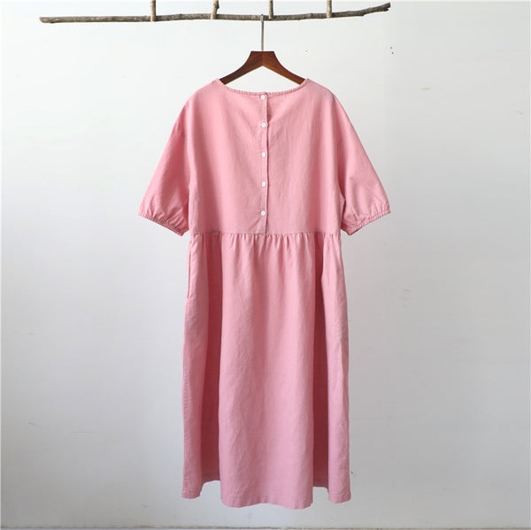 Women Loose Linen and Cotton Round Neck Middle Sleeve Dress