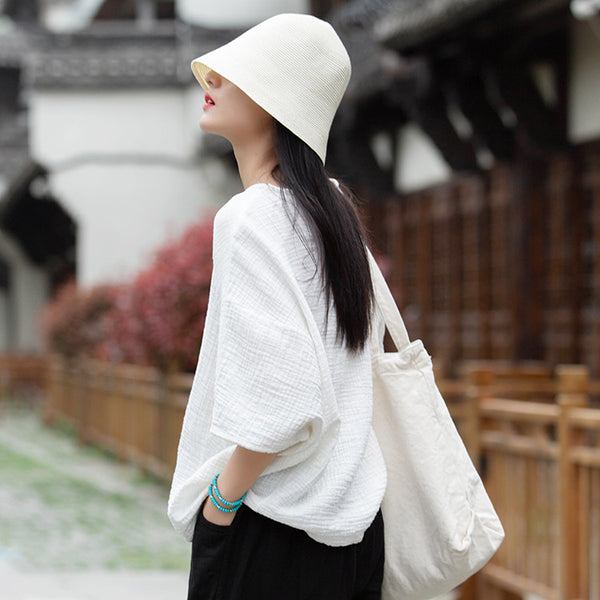 Women Round Necked Linen and Cotton Loose Middle Sleeves Wrinkled T-Shirt