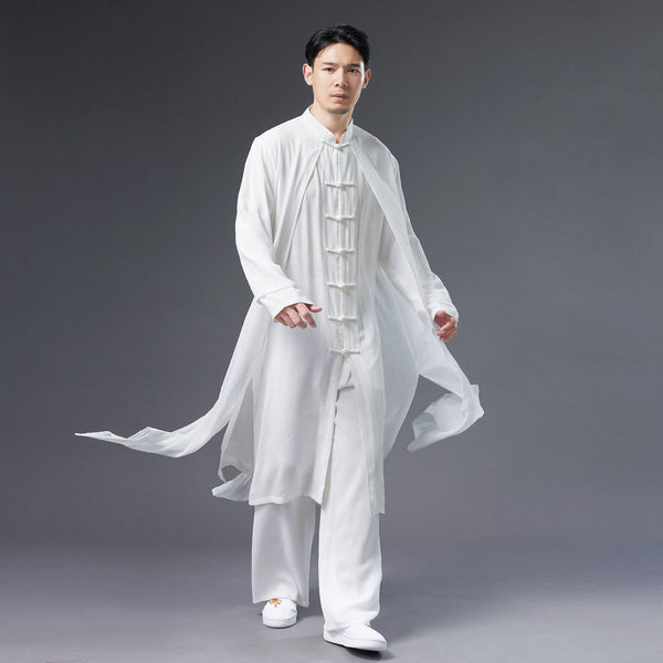 Men Classic Asian Style Linen Long Sleeve Round Collar Pure Color Cheongsam