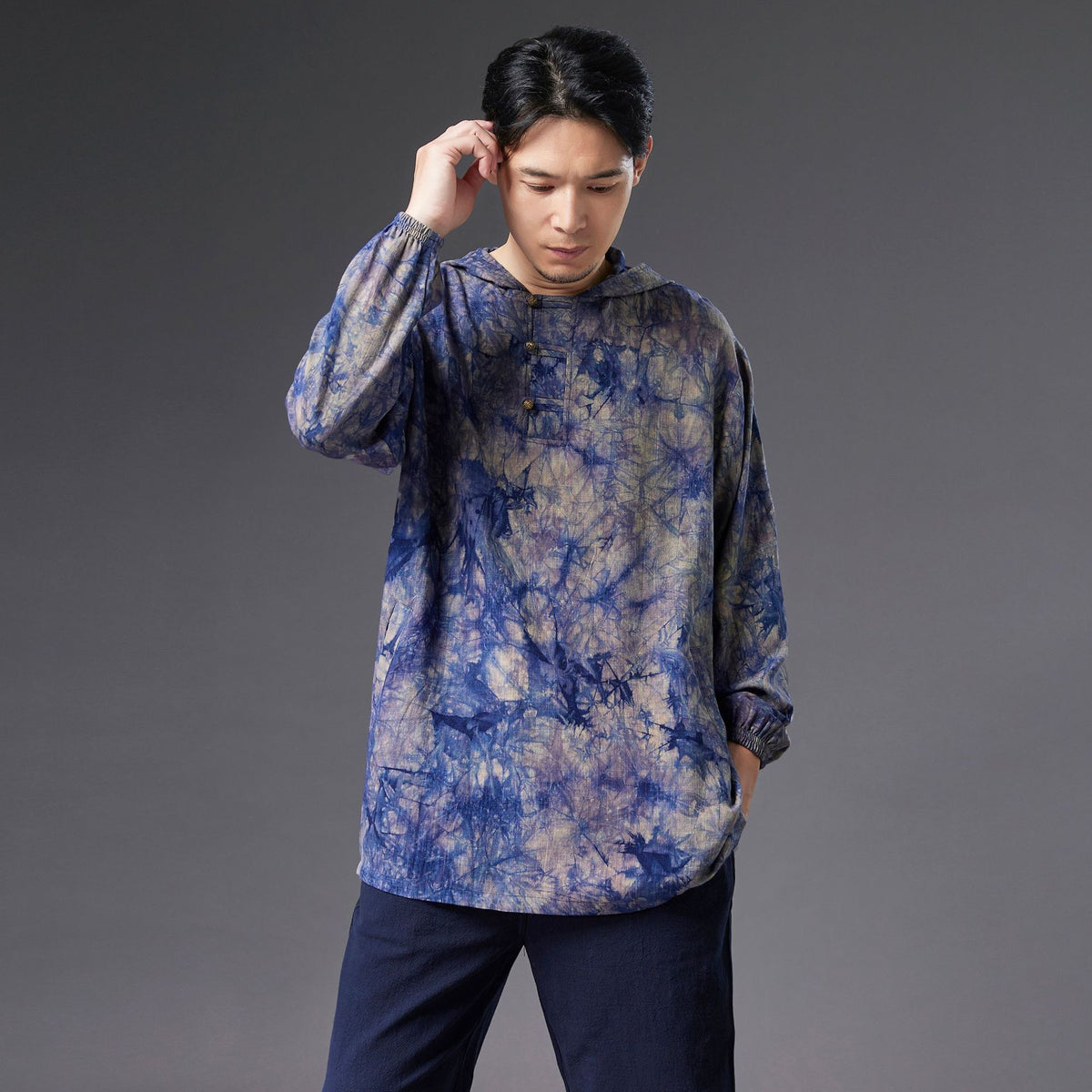 Autumn NEW! Men Natural Dyed Linen and Cotton Pullover Long Sleeve Tops Hoodie