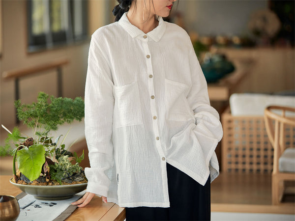 2022 Summer NEW! Women Modern Style Linen and Cotton Big Pockets Long Sleeve Shirt