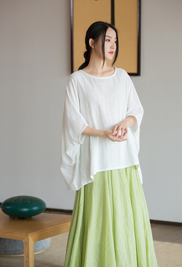 2022 Summer NEW! Women Chinese Style Linen and Cotton Rounded necked Loose Mid Sleeve T-Shirt