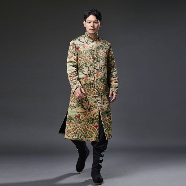 2021 Winter NEW! Men Retro Chinese Pattern Printed Linen and Cotton Quilted Tunic Type Coat