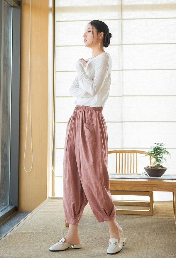 2022 Summer NEW! Women Modern Style Sand Washed Linen and Cotton Lantern Cropped Pants