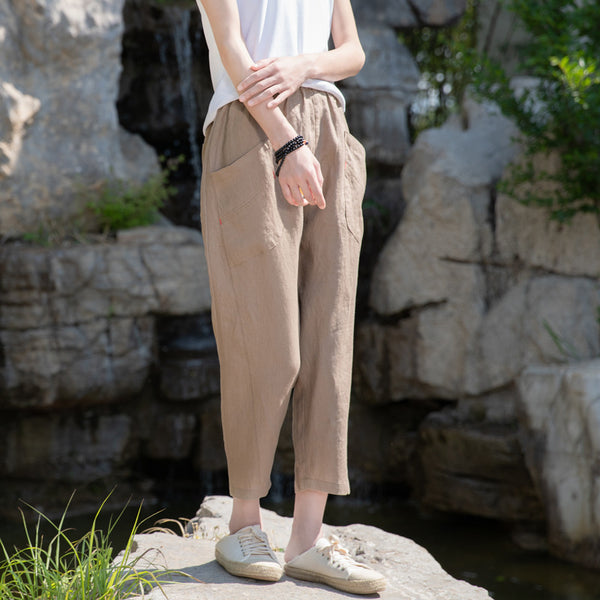 2022 Summer NEW! Women Retro Style Sand Washed Linen and Cotton Font Pocket Pegged Pants