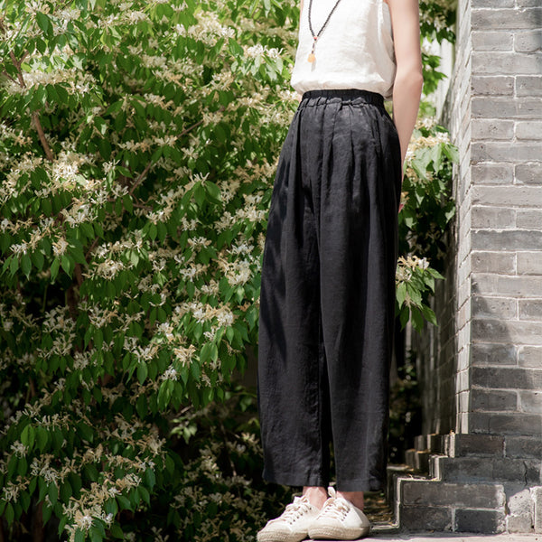 2022 Summer NEW! Women Simple Causal Lantern Style Sand Washed Linen and Cotton Cropped Pants