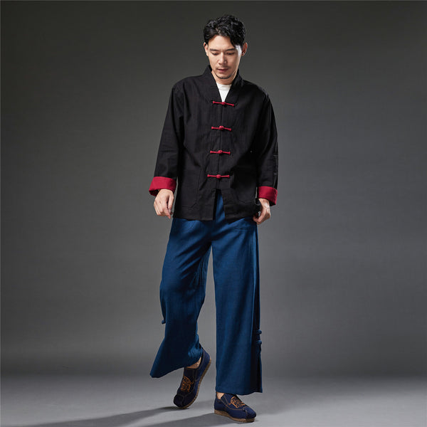 2021 Autumn NEW! Men Retro Style Linen and Cotton Drawstring Wide Leg Cropped Pants