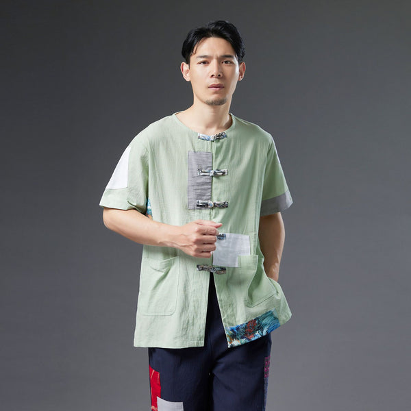 Men Retro Style Linen and Cotton Short Sleeve Patchwork Cardigan Shirts