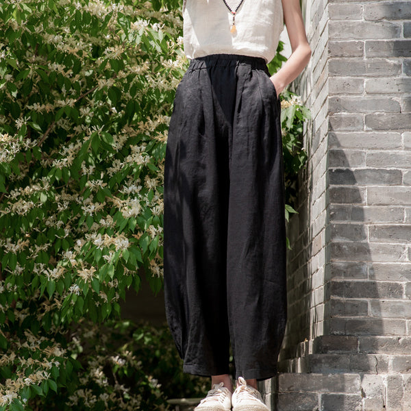 2022 Summer NEW! Women Simple Causal Lantern Style Sand Washed Linen and Cotton Cropped Pants