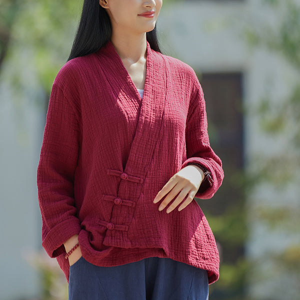 2021 Autumn NEW! Women Retro Style Linen and Cotton Pure Color Side Buckle Blouse Shirt