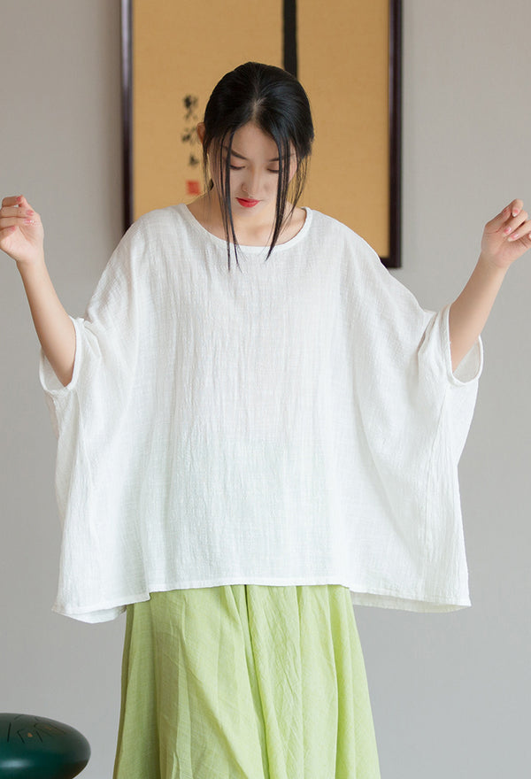 2022 Summer NEW! Women Chinese Style Linen and Cotton Rounded necked Loose Mid Sleeve T-Shirt