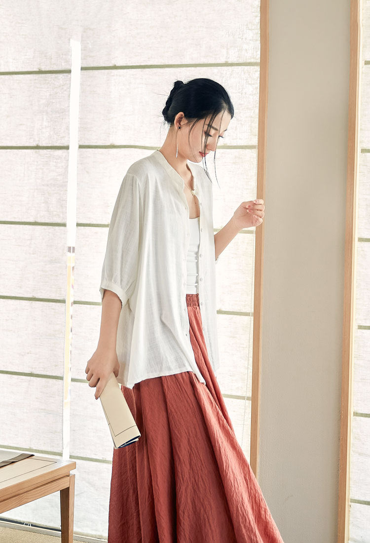 Summer NEW! Women Modern Style Linen and Cotton Round Collar Mid Sleeve Shirt