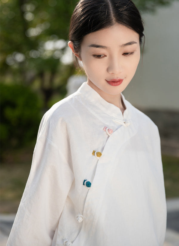 2022 Summer NEW! Women Chinese Ethnic Style Linen and Cotton Mid-length Sleeves Shirt