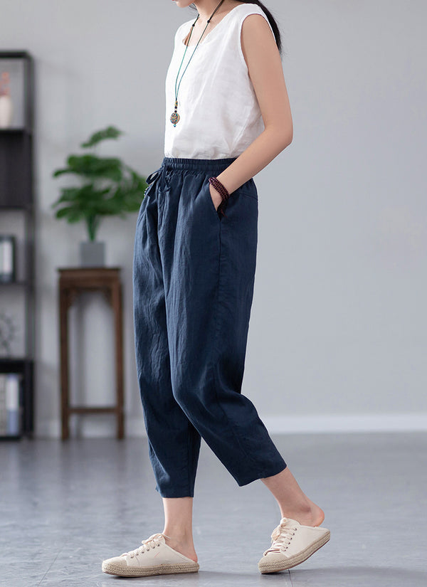 2022 Summer NEW! Women Causal Style Linen and Cotton Waist Belt Cropped Pegged Pants