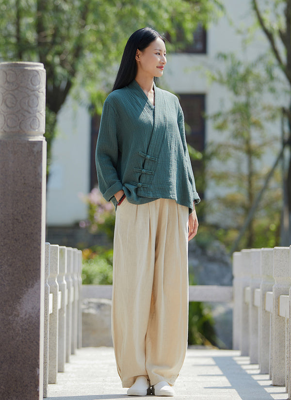 2021 Autumn NEW! Women Retro Style Linen and Cotton Pure Color Side Buckle Blouse Shirt