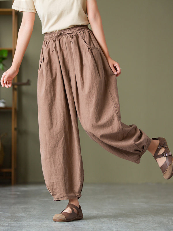 2021 Autumn NEW! Women Lantern Style Linen and Cotton Causal with Waist Belt Loose Cropped Pants