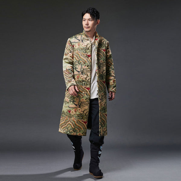 2021 Winter NEW! Men Retro Chinese Pattern Printed Linen and Cotton Quilted Tunic Type Coat