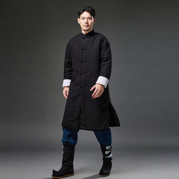 2021 Winter NEW! Men Retro Chinese Style Linen and Cotton Quilted Long Tunic Coat