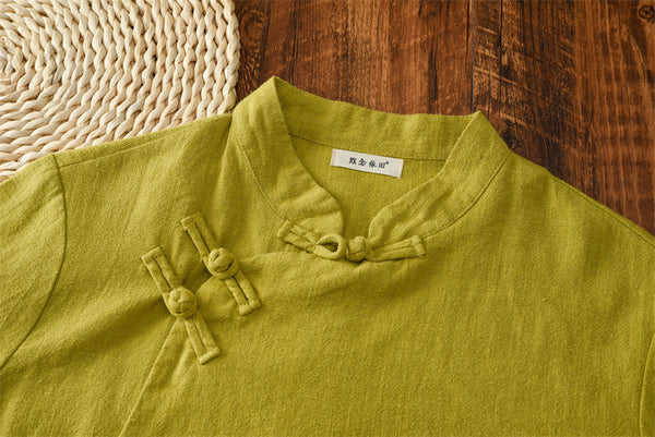 2021 Autumn NEW! Women Simple Retro Style Linen and Cotton Pure Color Top Buckle Blouse Shirt