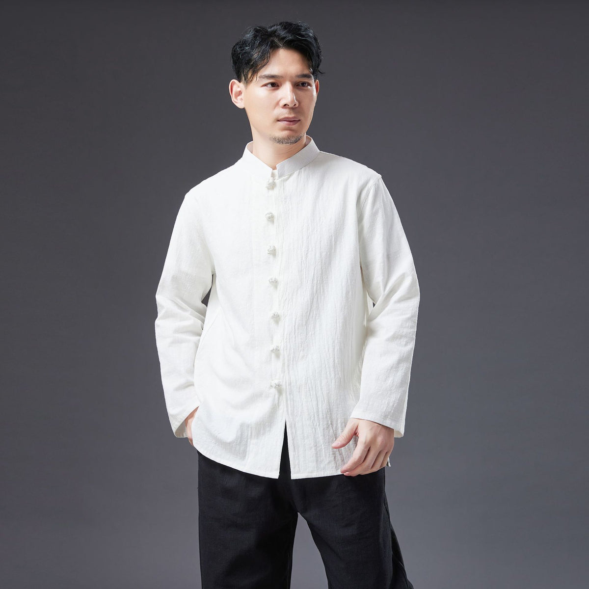 Summer NEW! Men Easten Style Sand Washed Linen and Cotton Long Sleeve Middle Buckle Thin Jacket