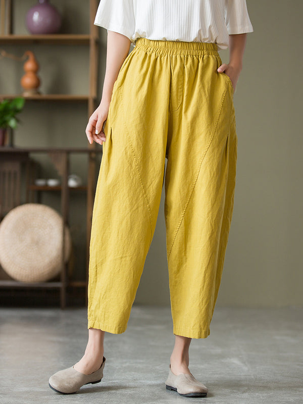 2021 Autumn NEW! Women Lantern Style Linen and Cotton Causal Loose Patchwork Cropped Capris