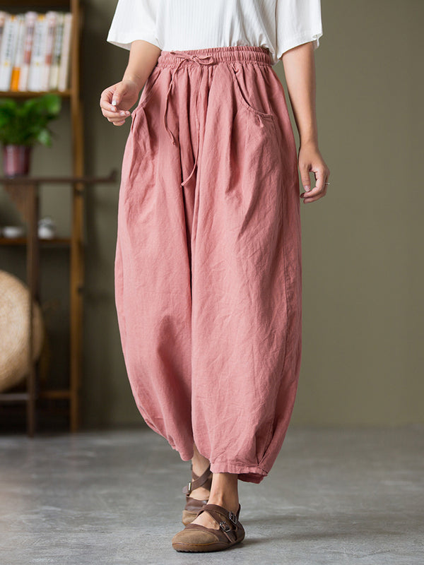 2021 Autumn NEW! Women Lantern Style Linen and Cotton Causal with Waist Belt Loose Cropped Pants