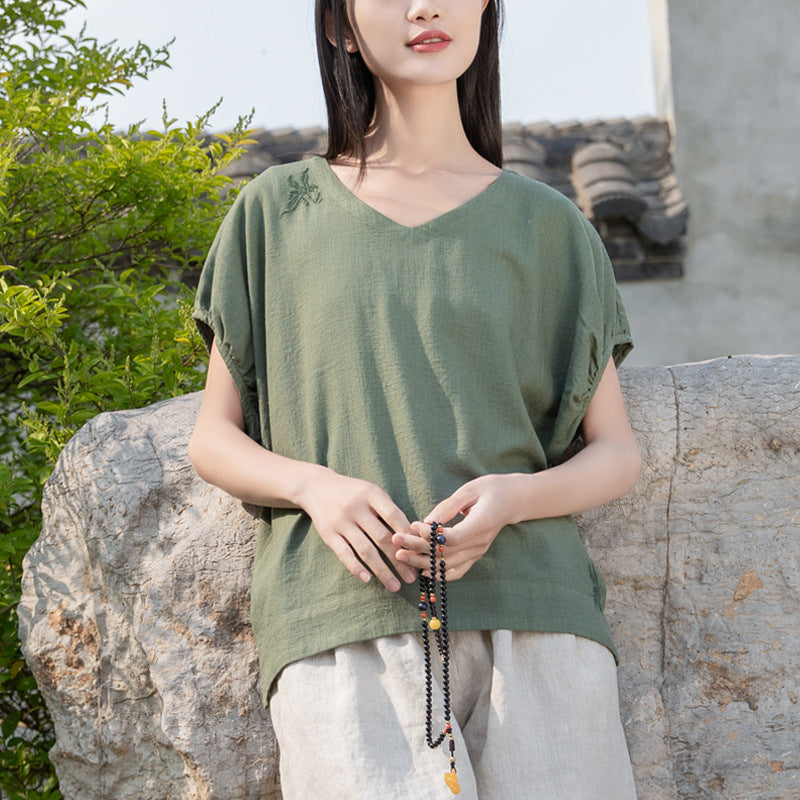 Summer NEW! Women Retro Style Linen and Cotton V-Necked Short Sleeves Shirt