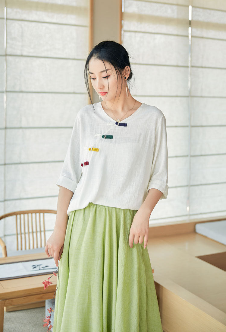 Summer NEW! Women Eastern Style Linen and Cotton Mid Sleeve Shirt