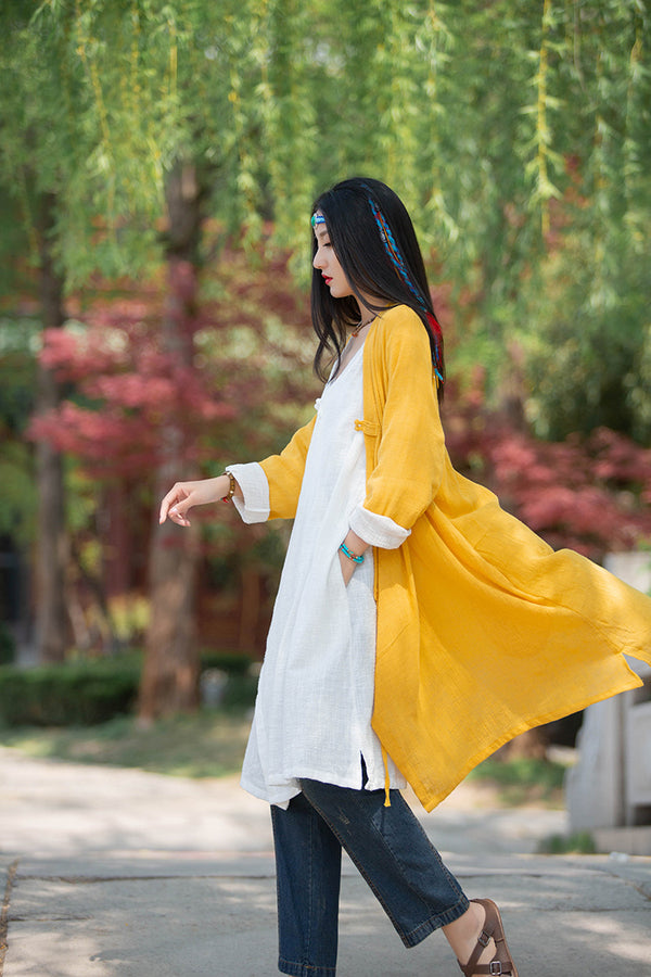 Women Thin and Soft Linen and Cotton Long-sleeved Coat