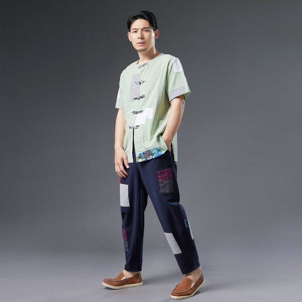 Men Casual Retro Style Patchwork Linen and Cotton Loose Drawstring Pants