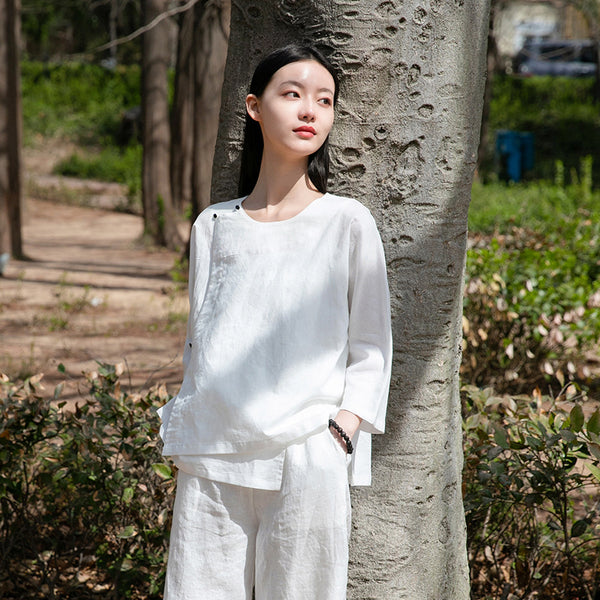 Women Modern Style Linen and Cotton Middle Sleeves Chinese Blouse