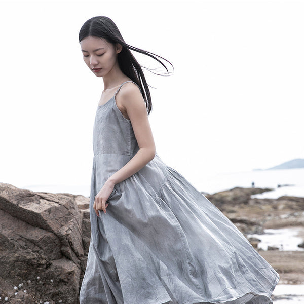 Women Loose Linen and Cotton Dyed Color Slip Dress