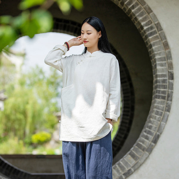 2021 Autumn NEW! Women Simple Retro Style Linen and Cotton Pure Color Top Buckle Blouse Shirt