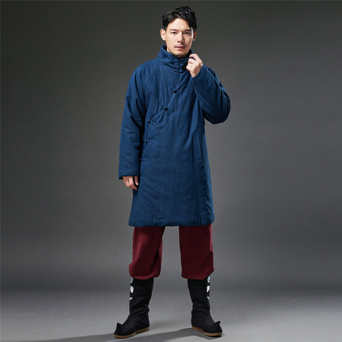 Winter NEW! Men Retro Style Linen and Cotton Quilted Side Buckle Coat