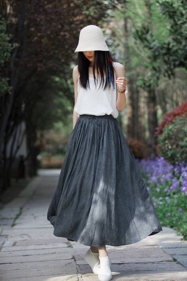 Women Simple Linen and Cotton Loose Accordion Skirt