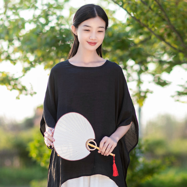 2022 Summer NEW! Women Modern Loose Style Linen and Cotton Round Necked Elbow Sleeves Shirt