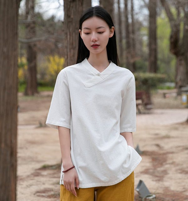 Women Asian Style Linen and Cotton Middle Sleeves Chinese Blouse