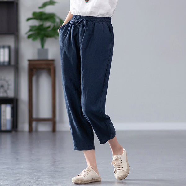 2022 Summer NEW! Women Causal Style Linen and Cotton Waist Belt Cropped Pegged Pants