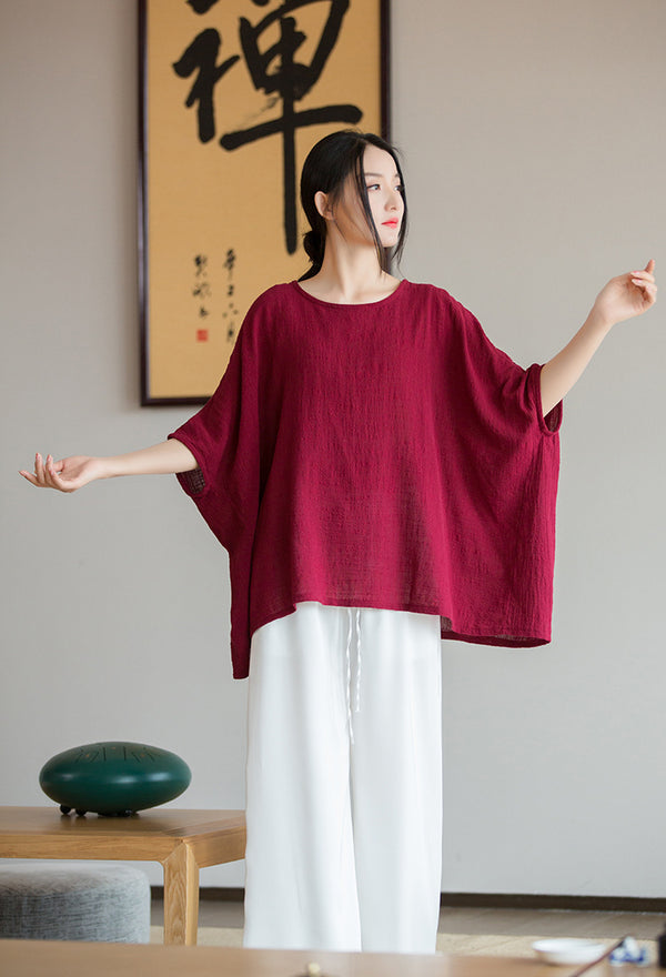 2022 Summer NEW! Women Chinese Style Linen and Cotton Rounded necked Loose Mid Sleeve T-Shirt