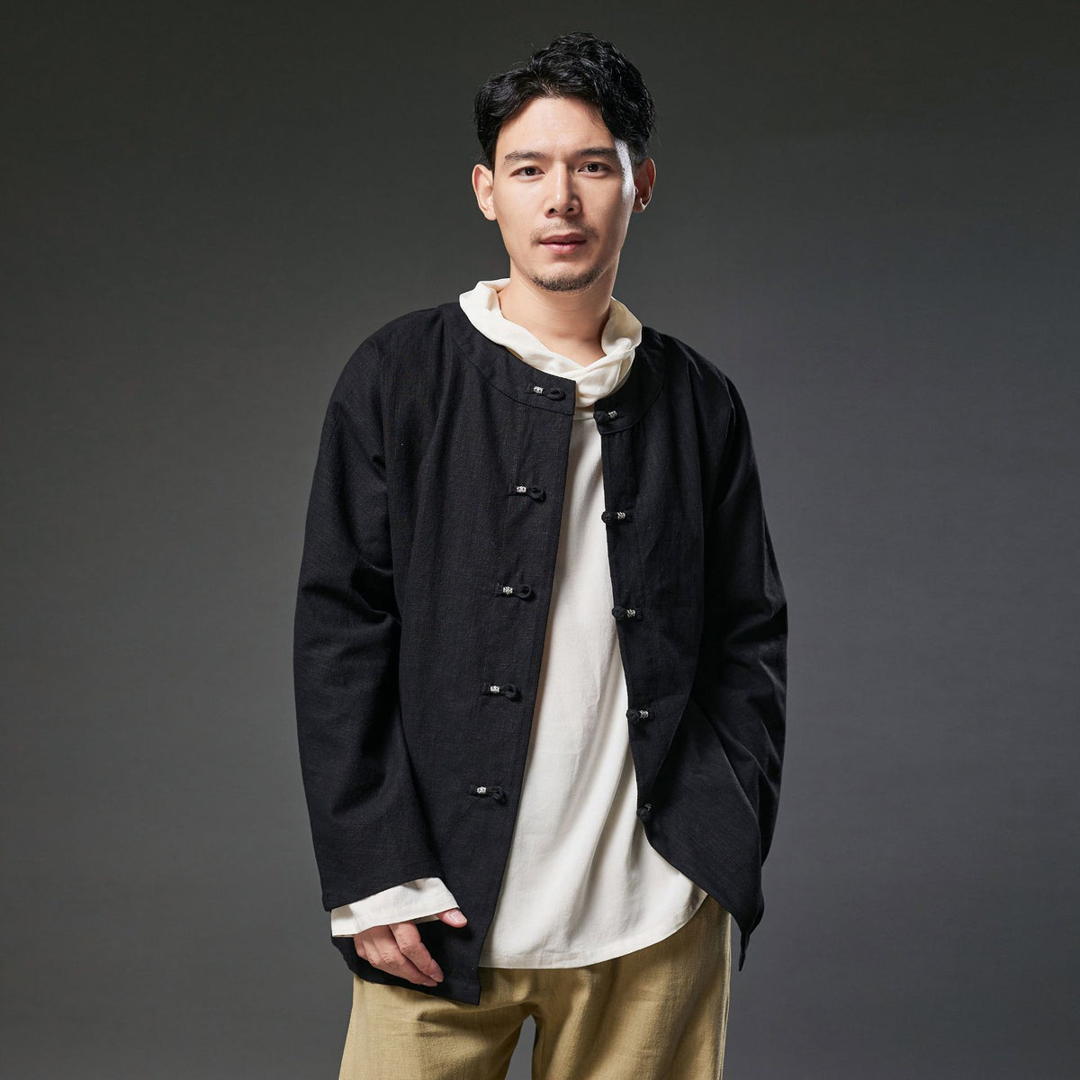 Autumn NEW! Men Retro Chinese Style Pure Color Linen and Cotton Long Sleeve Cardigan Thin Jacket