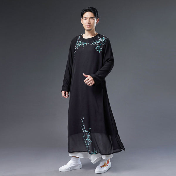 Men Classic Asian Style Linen Long Sleeve Round Neck Bamboo Printed Cheongsam