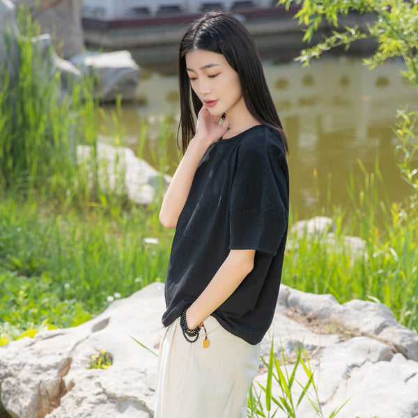 2022 Summer NEW! Women Causal Style Linen and Cotton Round Necked Short Sleeves Shirt