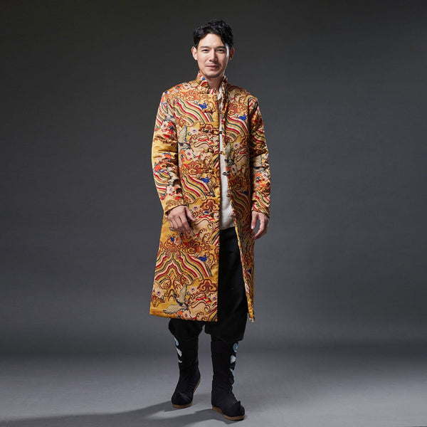 2021 Winter NEW! Men Retro Chinese Pattern Printed Linen and Cotton Quilted Tunic Type Coat