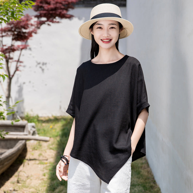 Summer NEW! Women Modern Style Linen and Cotton Round Necked Mid-length Sleeves Shirt