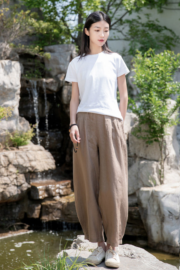 2022 Summer NEW! Women Simple Causal Lantern Style Sand Washed Linen and Cotton Cropped Pants