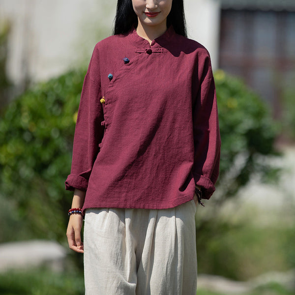 2021 Autumn NEW! Women Retro Chinese Style Linen and Cotton Side Buckle Collar Blouse
