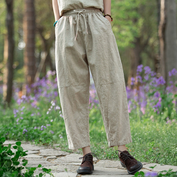 Women Linen and Cotton Causal Loose Cropped Drawstring Capris